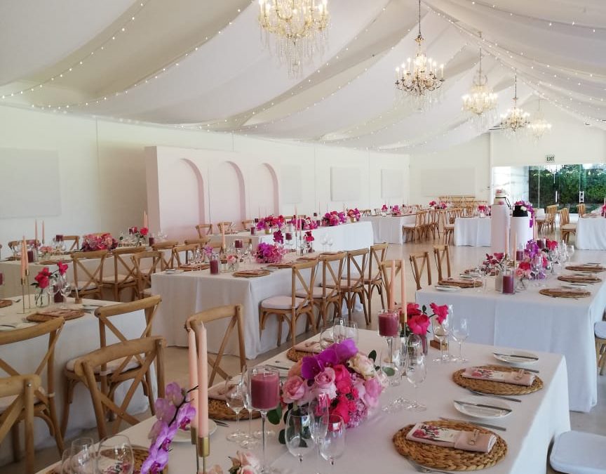 Wedding draping with wide white strips and fairy lights on either side at Laurent venue, Lourensford Estate, Somerset West